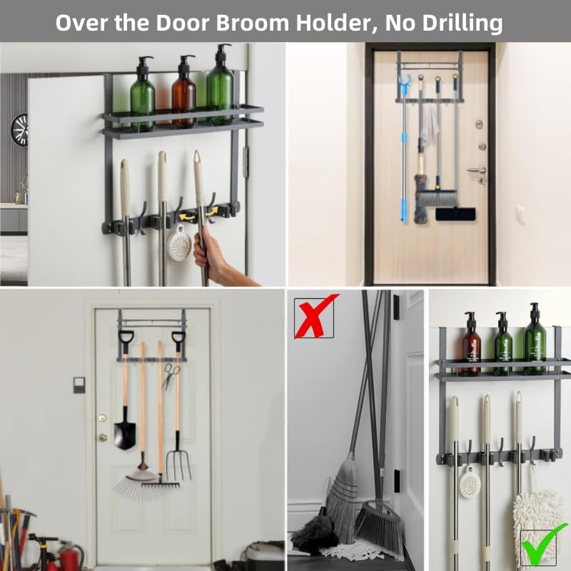 Broom Holder Over The Door Over Door Broom and Mop Rack Over The Door Hooks Organizer With4 Slots & 3 Hooks 1 Storage Basket For Laundry Room, Garage, Closet, Kitchen Decor (black)