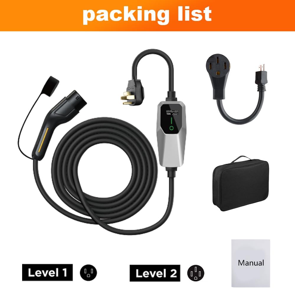 Level 1&2 EV Charger 32Amp 110V-240V with 20FT Cable, Portable Home Charger NEMA 14-50 5-15 Plug for All SAE J1772 Electric Cars