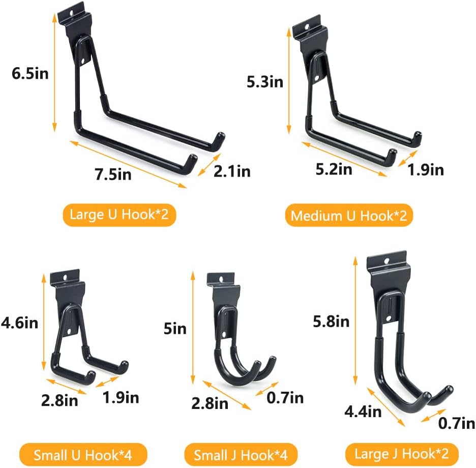 Slatwall Hooks, Slat Wall Accessories Multi Size Garage Hooks Storage Utility Hanging Hooks Wall Mount Tool Holder for Ladder Garden Tools (14 Pack, Black)