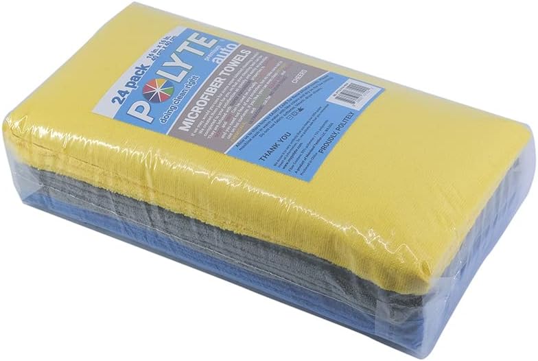 POLYTE Microfiber Cleaning Towel Ultrasonic Cut Edgeless (16x16, 24 Pack, Premium, Blue,Gray,Yellow)
