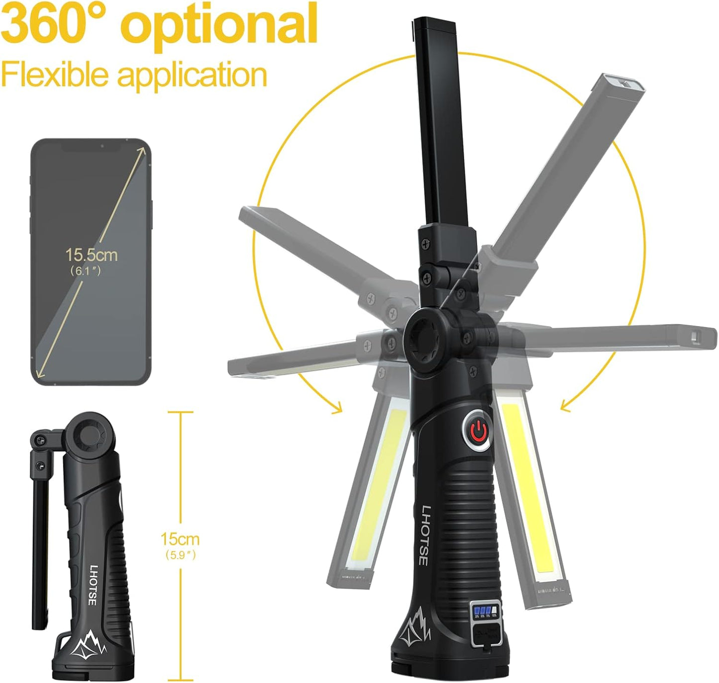 LHOTSE Rechargeable Work Lights, LED Work Light with Magnetic Base and 360° Rotation Stand, 5 Modes COB Bright Flashlights Inspection Light for Car Repair, Home, Garage, Emergency,BBQ,Camping (1pack)