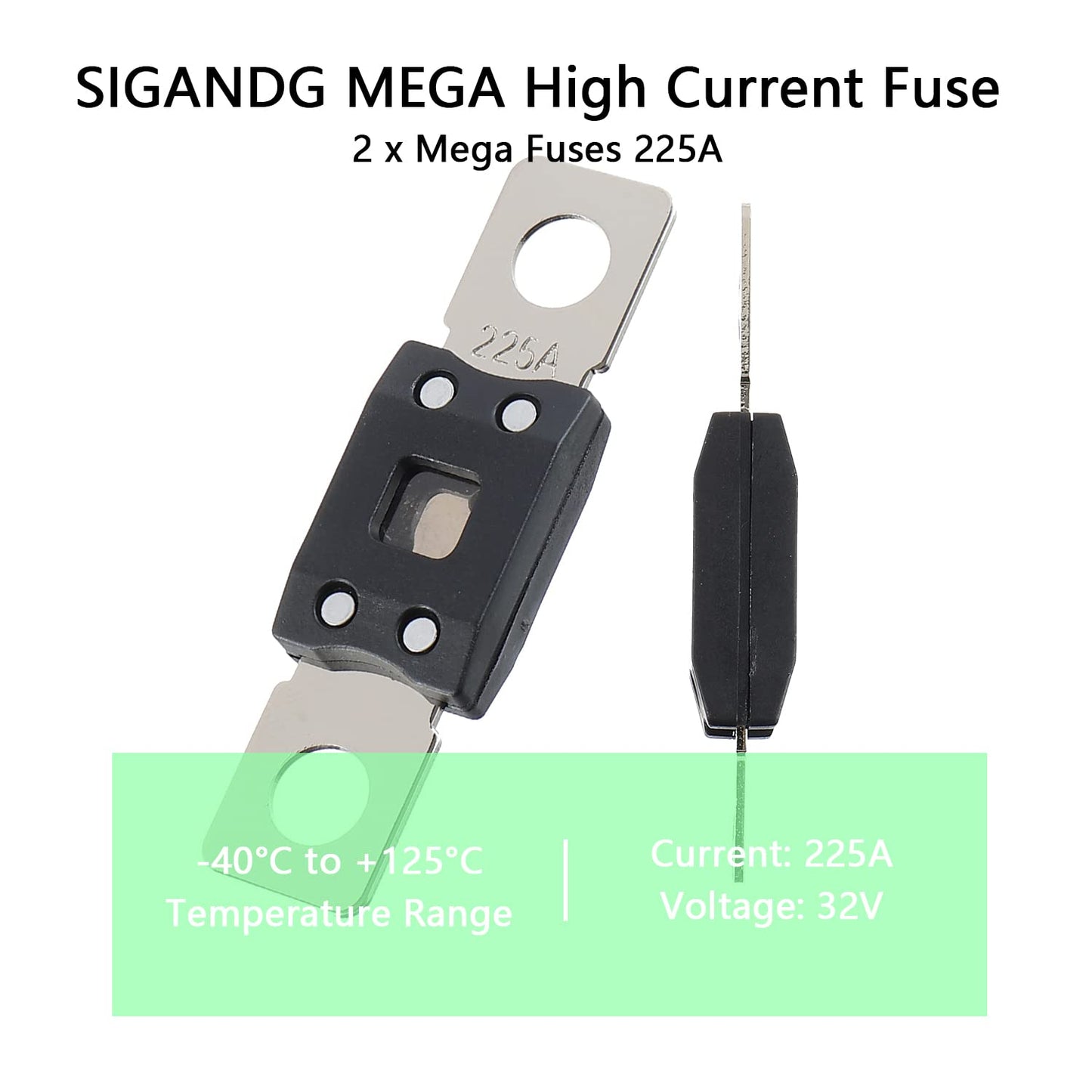 225A MEGA High Current Fuse - 225 Amp Bolt-on Fuse for Cars, Trucks, Construction Vehicles, Buses, Caravans (2 Pcs)
