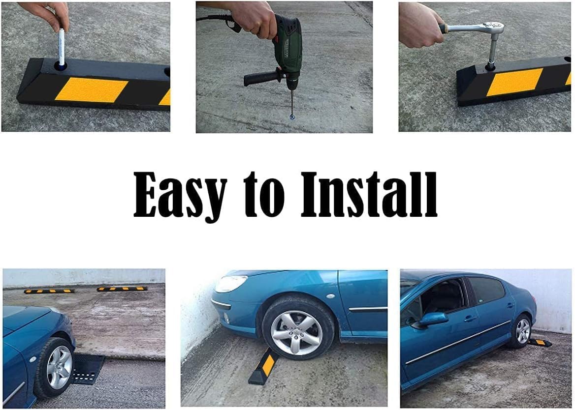 ERGOMASTER Parking Stopper for Garage,72” Rubber Parking Block with 8 High Reflective Yellow Safety Stripes for Vehicles Truck Driveway, Protect Pumpers from Cars Vans Trucks (2 Pack)