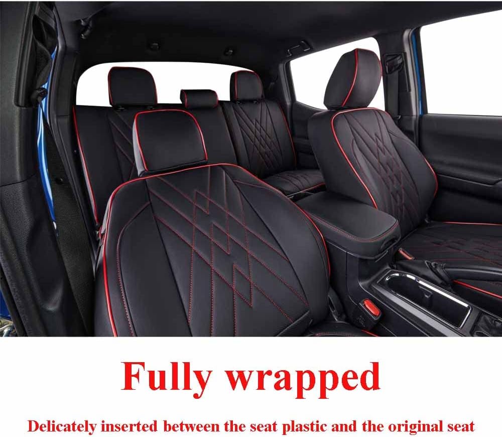 EKR Custom Fit Tacoma Front Car Seat Covers for Select Toyota Tacoma 2016 2017 2018 2019 2020 2021 2022 2023 Double Cab/Access Cab - Front Row Only, Leather (Black with Red Trim)