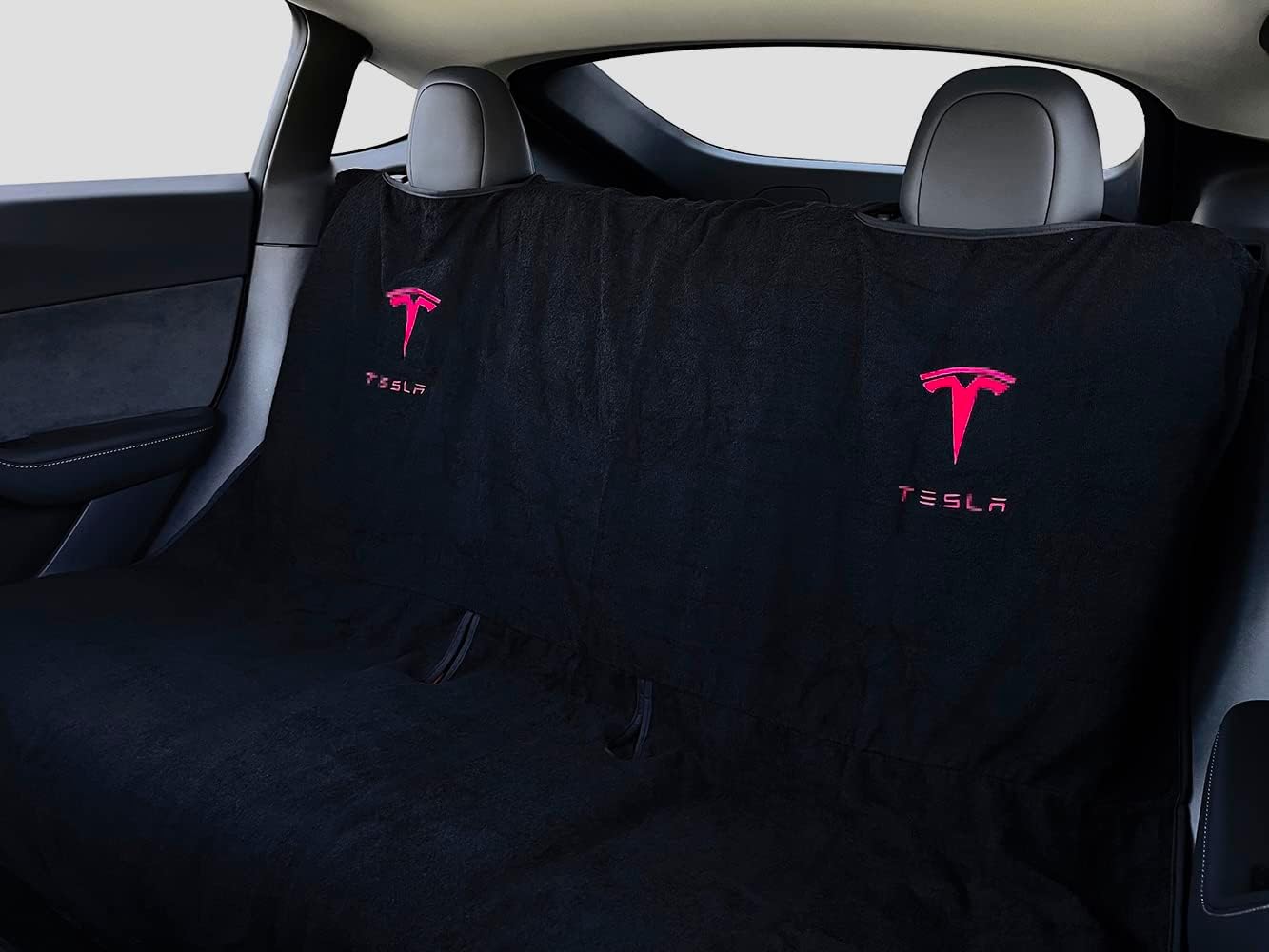 Compatible with Tesla Model Y/3 Premium Towel Car Rear Seat Cover - Breathable & Waterproof - Machine Washable, Seat Protector for Dog, Pets, Sweat from The Gym (Black)