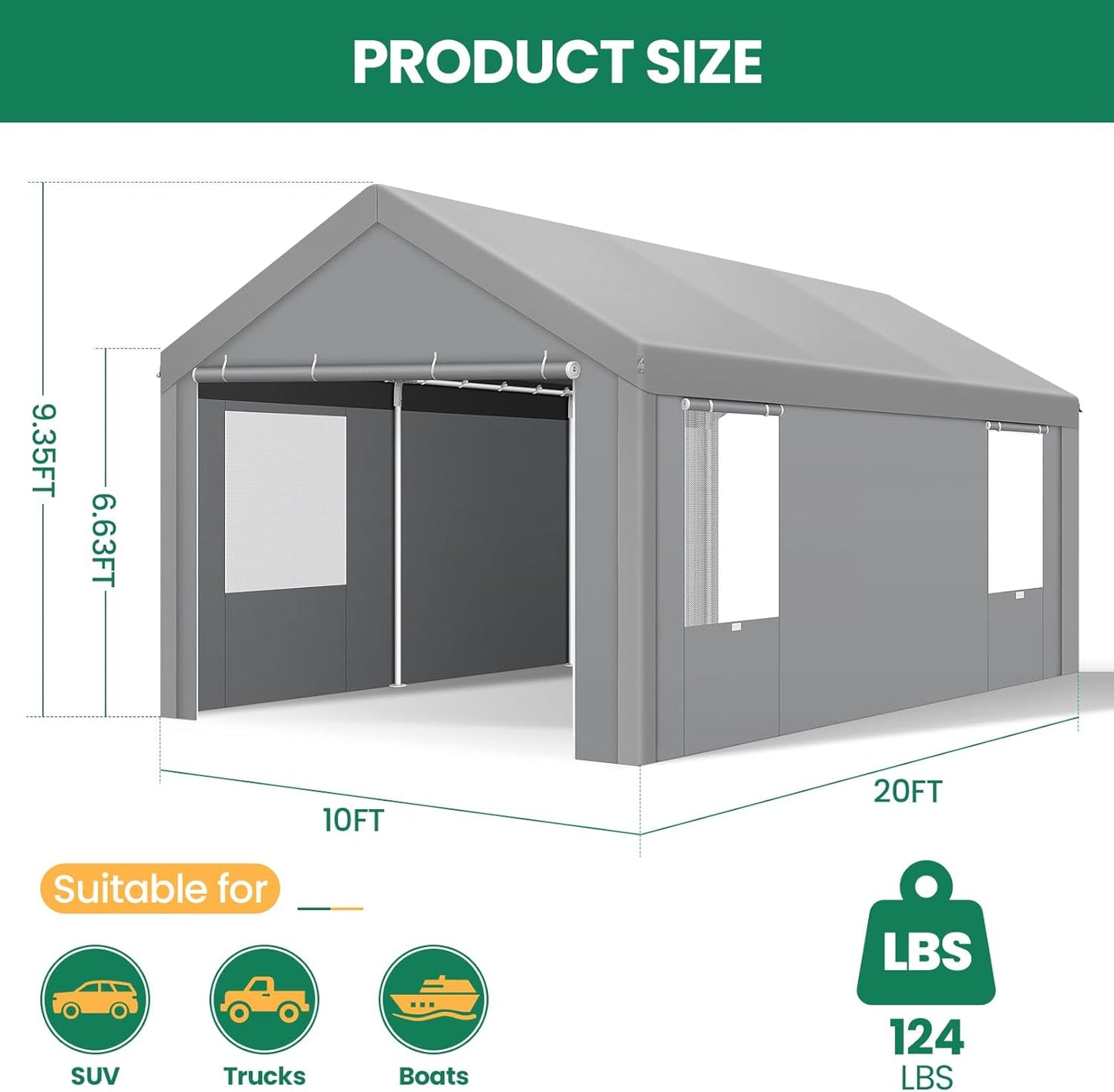 COBIZI Carports 10x20 Heavy Duty Car Canopy Garage with Removable Sidewalls & Doors, Galvanized Frame Portable Carport Canopy with Built-in Sandbags & All-Season Tarp for Car Boat Truck, Gray