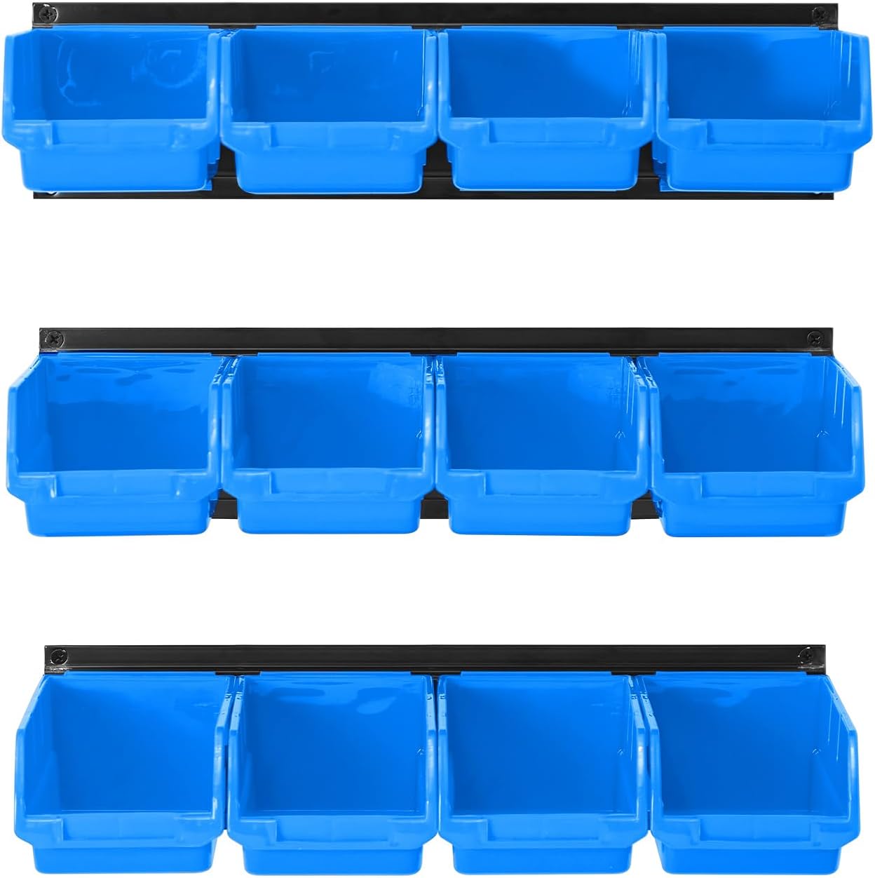 Ultrawall Wall Mounted Storage Bins, Plastic Hanging Storage Organizer Bins, Garage Tool Storage System for Screws, Nuts, Bolts, Nails, and Small Hardware Parts, 12x bins & 3 x rails, Blue
