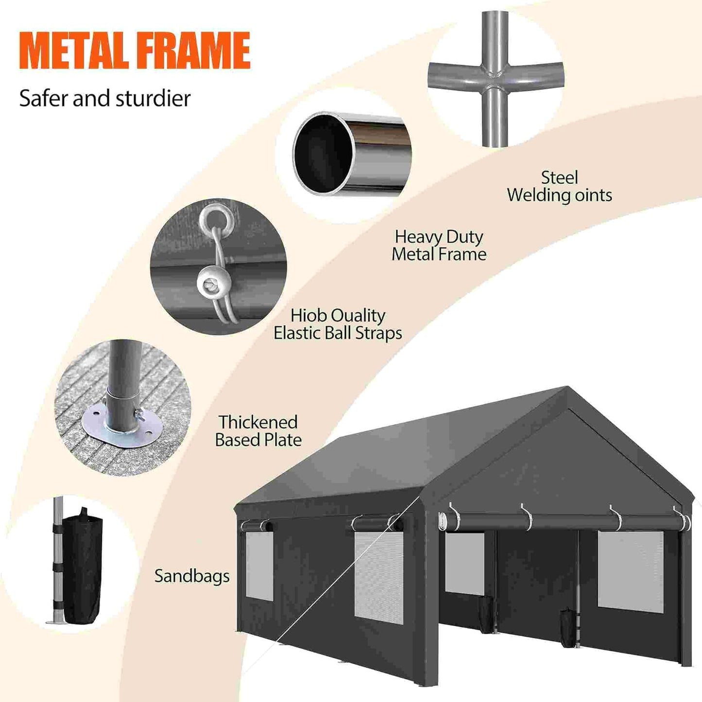 JAMFLY Carport, 10x20 ft Heavy Duty Carport with Roll-up Windows, Portable Garage with Removable Sidewalls & Doors, Car Canopy with Sandbags and All-Season Tarp for Car Boat Truck Motorcycle, Grey