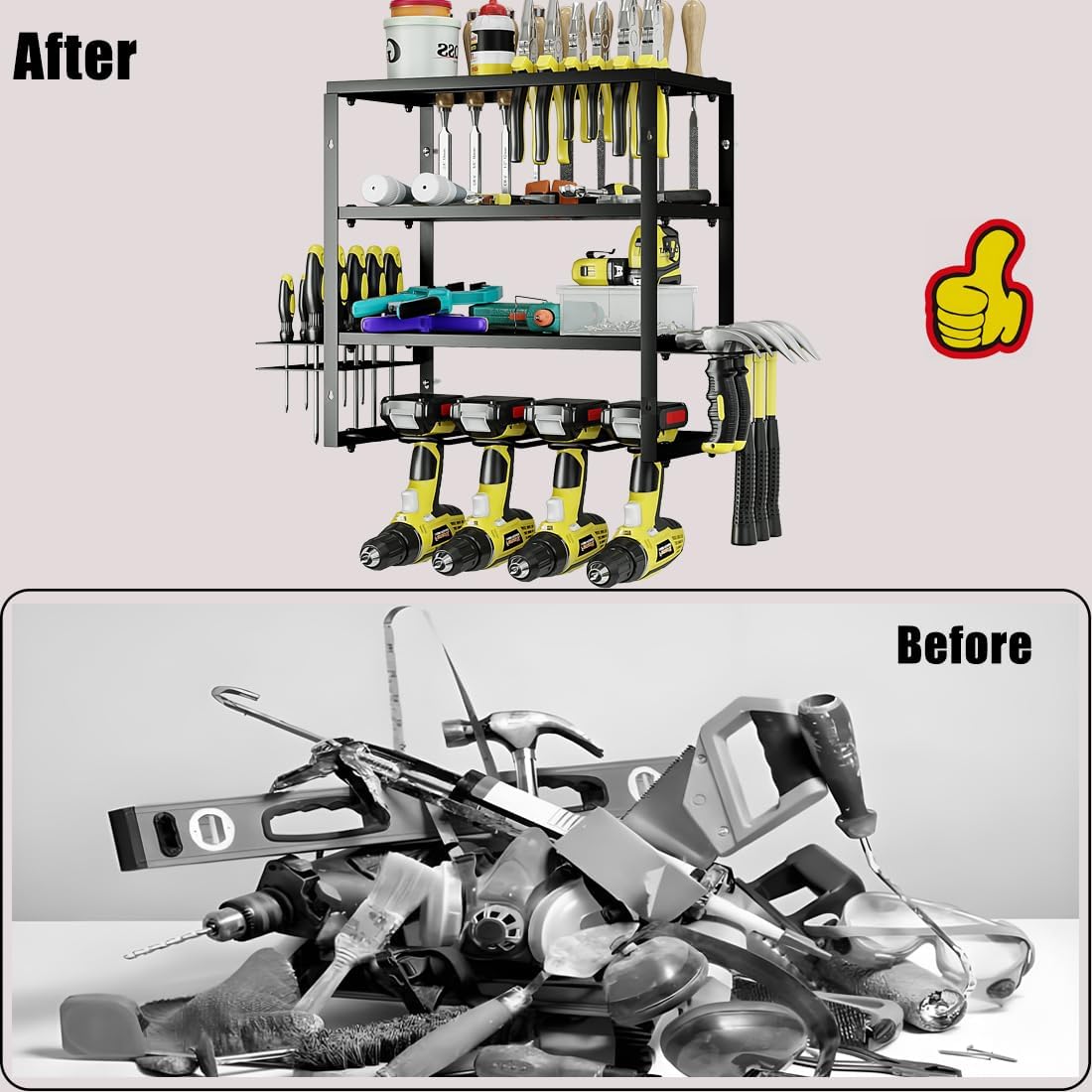 AZERPIAN Tool Organizer Heavy Duty Power Wall Mount for Drill and Cordless Tools Heavy Duty Rack for Garage Organization Workshop Pegboard (3 Layers 4 Slots)