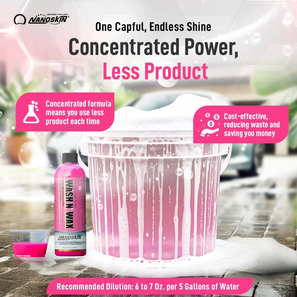 Nanoskin WASH N' WAX with Carnauba 5 gallons - Cleans & Shines in One Step | Works with Foam Cannon, Foam Gun, Bucket Washes, Pressure Washer | Carnauba Wax Protection for Cars