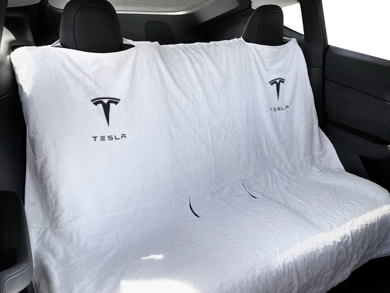 Compatible with Tesla Model Y/3 Premium Towel Car Rear Seat Cover - Breathable & Waterproof - Machine Washable, Seat Protector for Dog, Pets, Sweat from The Gym (White)