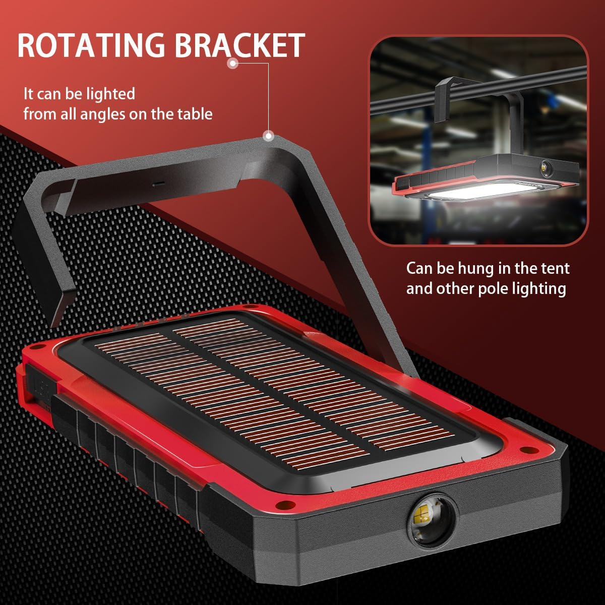 WARSUN Rechargeable Portable Magnetic Work Light, LED Flood Light Waterproof for Outdoor Camping Hiking Emergency Car Repairing (USB + Solar Charging, Red)