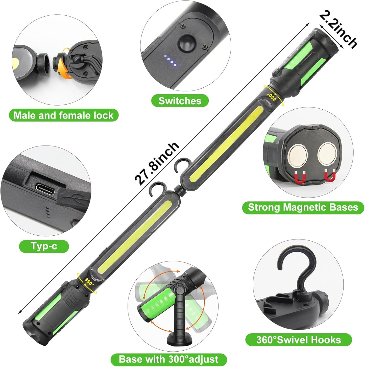 SYLSTAR Work Light for Mechanic, 2400LM LED, 4400mAh Rechargeable, Magnetic, Underhood Work Light with Hooks for Car Repairing/Inspection/Garage/Workshop/Emergency