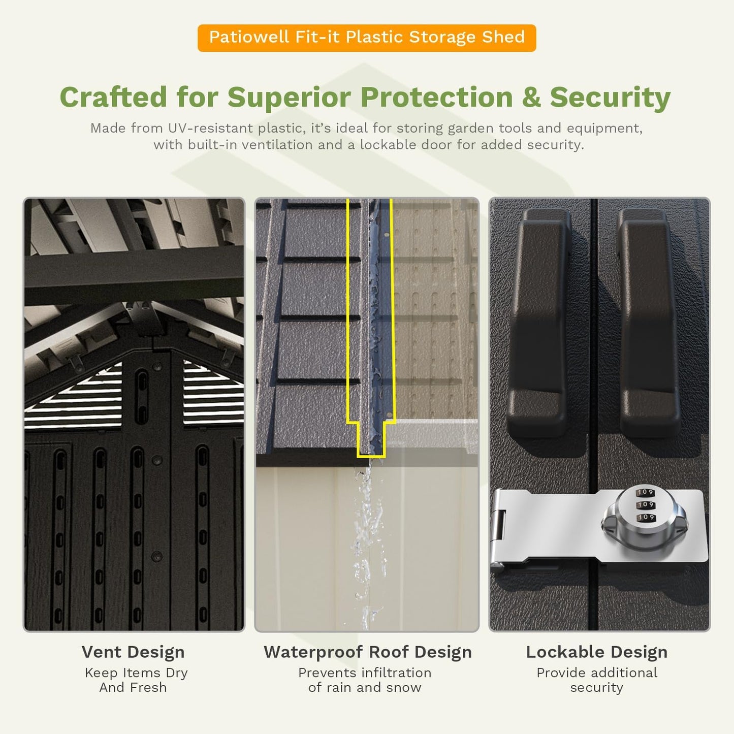 Patiowell 8 x 12 FT Resin Outdoor Storage Shed with Floor, Large Shed with Light and Lockable Door for Garden, Backyard, Tool Storage Use, Easy to Install in Beige (Kick-it Shed)