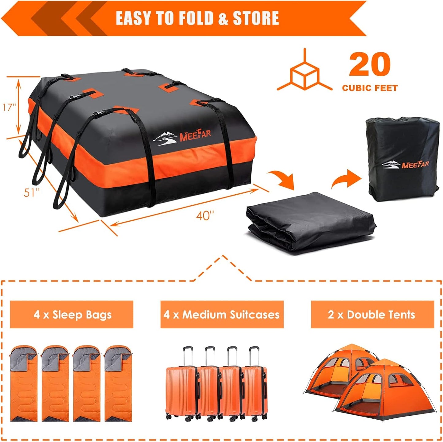 MeeFar Car Roof Bag XBEEK Rooftop top Cargo Carrier Bag 20 Cubic feet Waterproof for All Cars with/Without Rack, Includes Anti-Slip Mat, 10 Reinforced Straps, 6 Door Hooks, Luggage Lock
