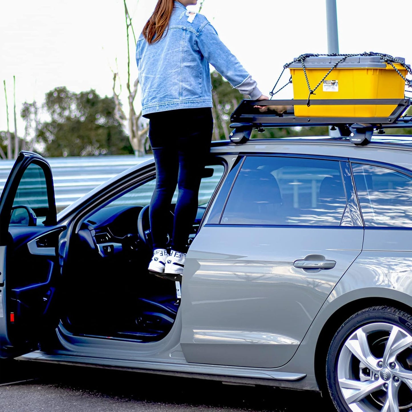 TOOENJOY Extra Protection Car Door Latch Step Both Feet Stand Pedal Ladder/No Assemble Foldable Heavy Duty Car Gadgets for Roof Rack Access Max Capacity 400lbs