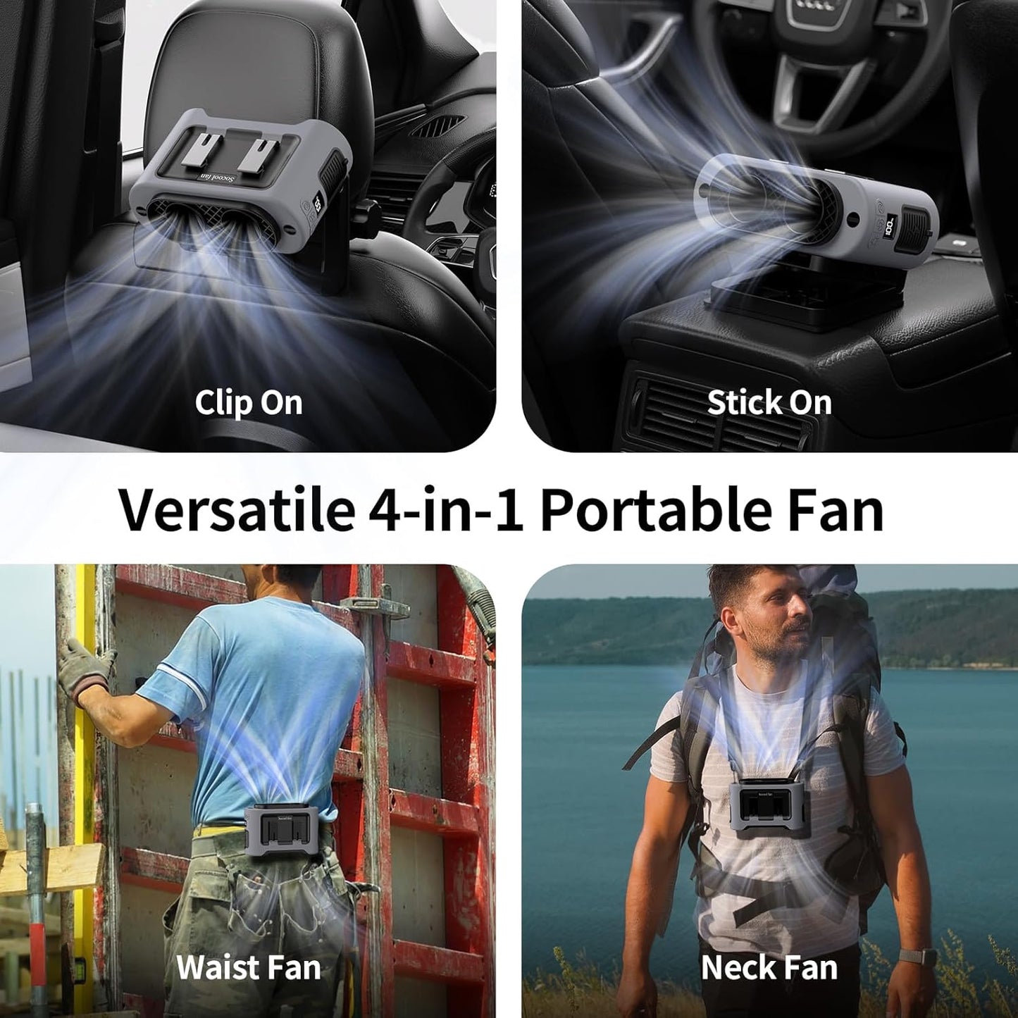 Socool Portable Car Fan - 14500mAh Rechargeable Battery Opearated, Clip on Car Seat Headrest 360 Rotatable, 5-Speed Backseat Fans for Baby Rear Facing Cooling with Dual Air Outlets for SUV RV Truck