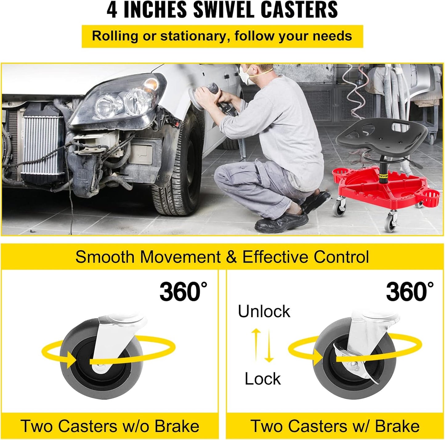 VEVOR Rolling Garage Stool, 300LBS Capacity, Adjustable Height from 18 in to 23 in, 360-degree Swivel Wheels (4"), Large Tool Tray with Two Bottle Holder, for Workshop, Auto Repair Shop, Red