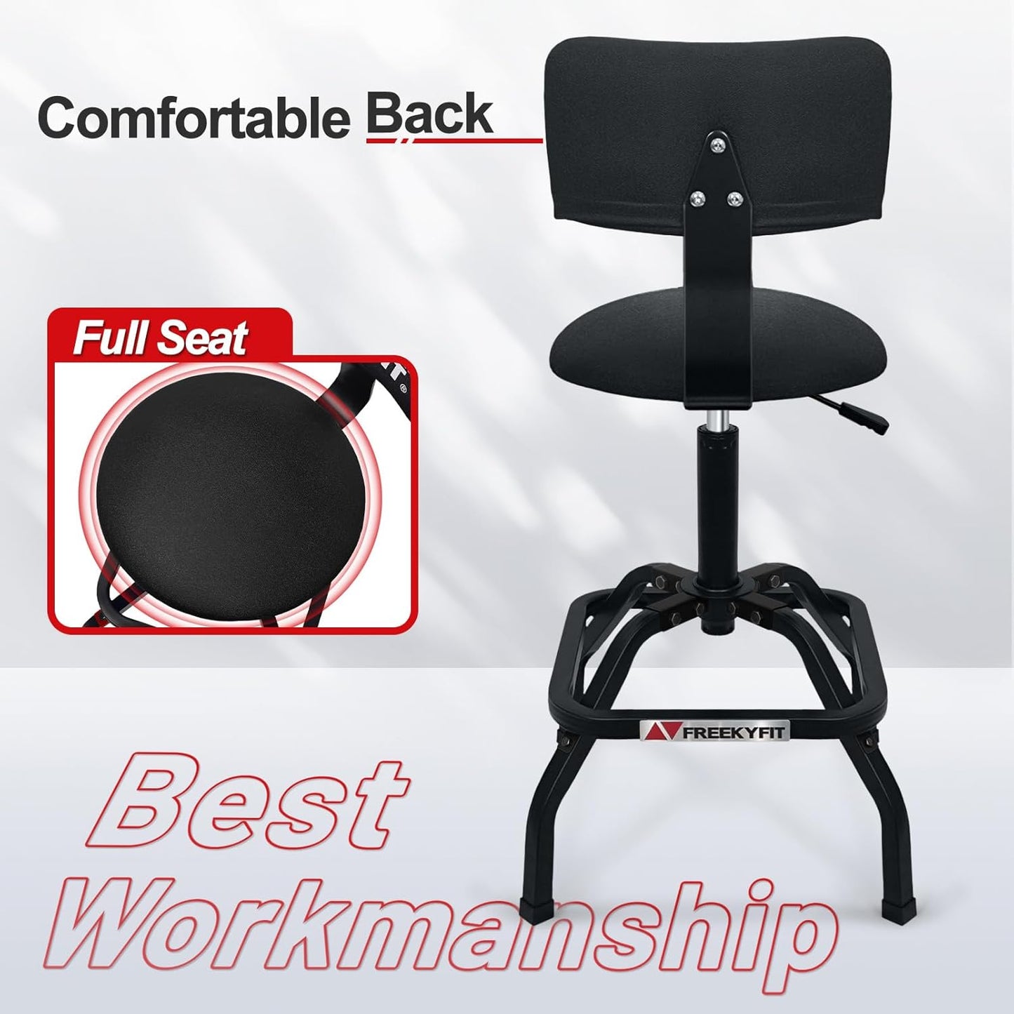 Shop Stool with Backrest, Mechanic Garage Stool for Workshop, Adjustable Shop Stools Chair, Padded Workbench Stools for Men Women, 300 LBS Capacity, 360° Swivel PVC Seat, Heavy Duty, Black