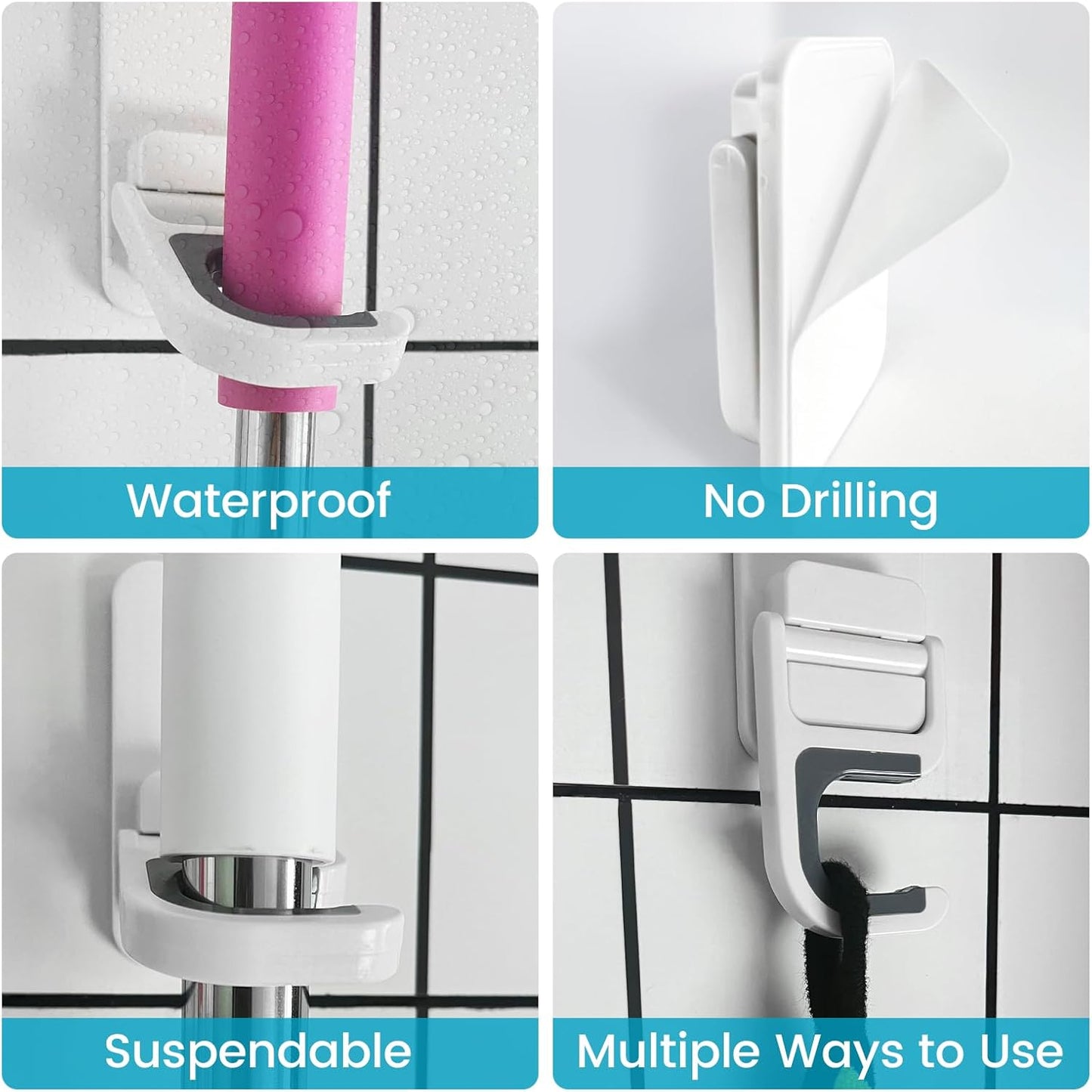 Broom Holder Wall Mount, 4 Pack Broom and Mop Organizer Wall Hanging Self Adhesive, No Drilling, Anti-Slip Broom and Mop Hanger Wall Mount Cleaning Ideal for Bathroom, Kitchen, Garden, Garage