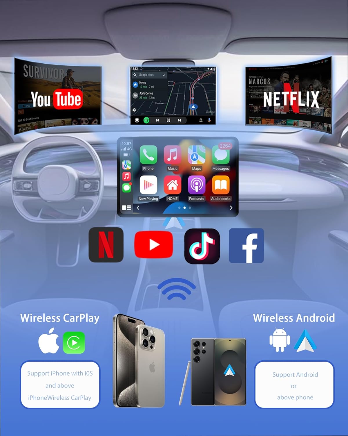 Wireless Carplay Adapter 2025 Ai Box for iPhone & Android Auto with Netflix YouTube Supports TF card Dongle Plug and Play Easy Setup Carplay Video entertainment box for iOS 10+ and cars after 2015 Car