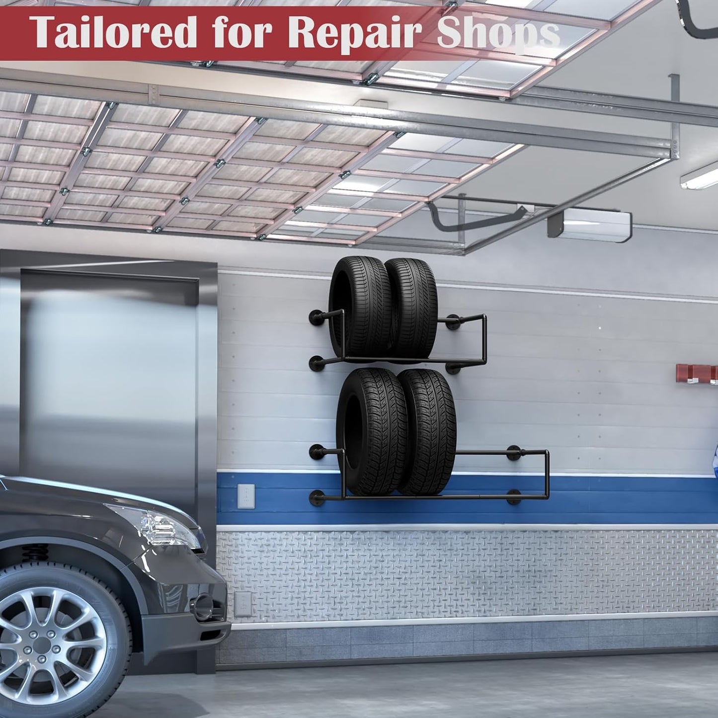 Vrisa Tire Rack Wall Mount Heavy Duty Adjustable Multi Tire Storage Rack with 300LB Weight Capacity Tire Rack for Garage Workshop Repair Shop, Black