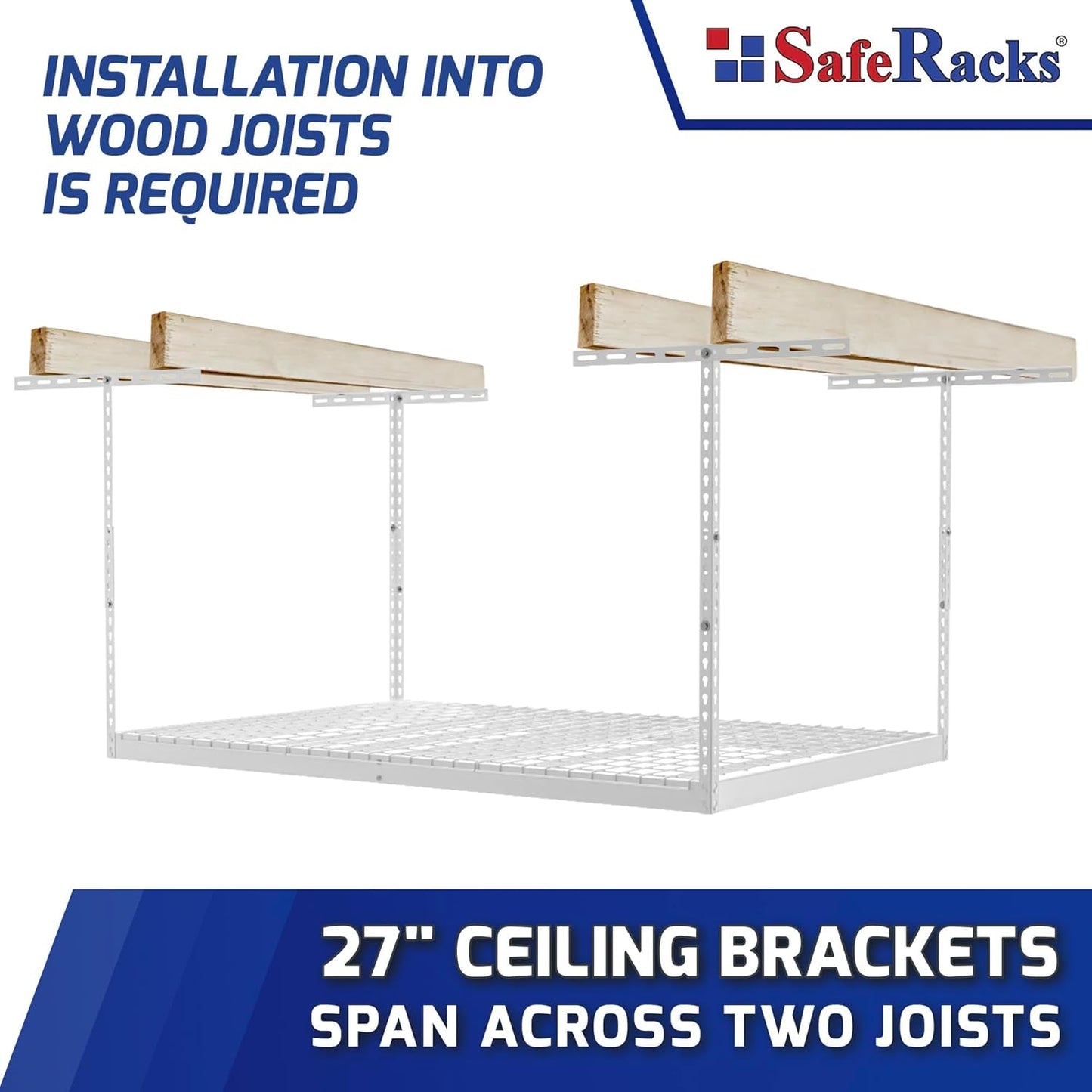 SafeRacks Overhead Garage Storage Rack - Heavy Duty Racks for Garage with 400 lb Capacity, Easy Garage Shelving, Adjustable Storage Rack, Ceiling Mount Storage Shelves 3x6 White (12"-21")