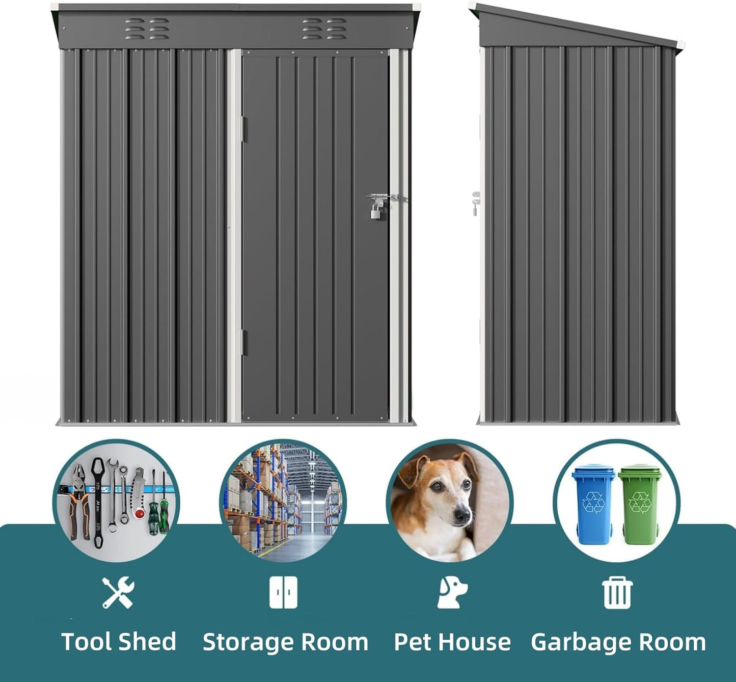 Bealife 5' x 3' Outdoor Storage Shed Clearance, Metal Outdoor Storage Cabinet with Single Lockable Door, Waterproof Tool Shed, Backyard Shed for Garden, Patio and Lawn(Grey)