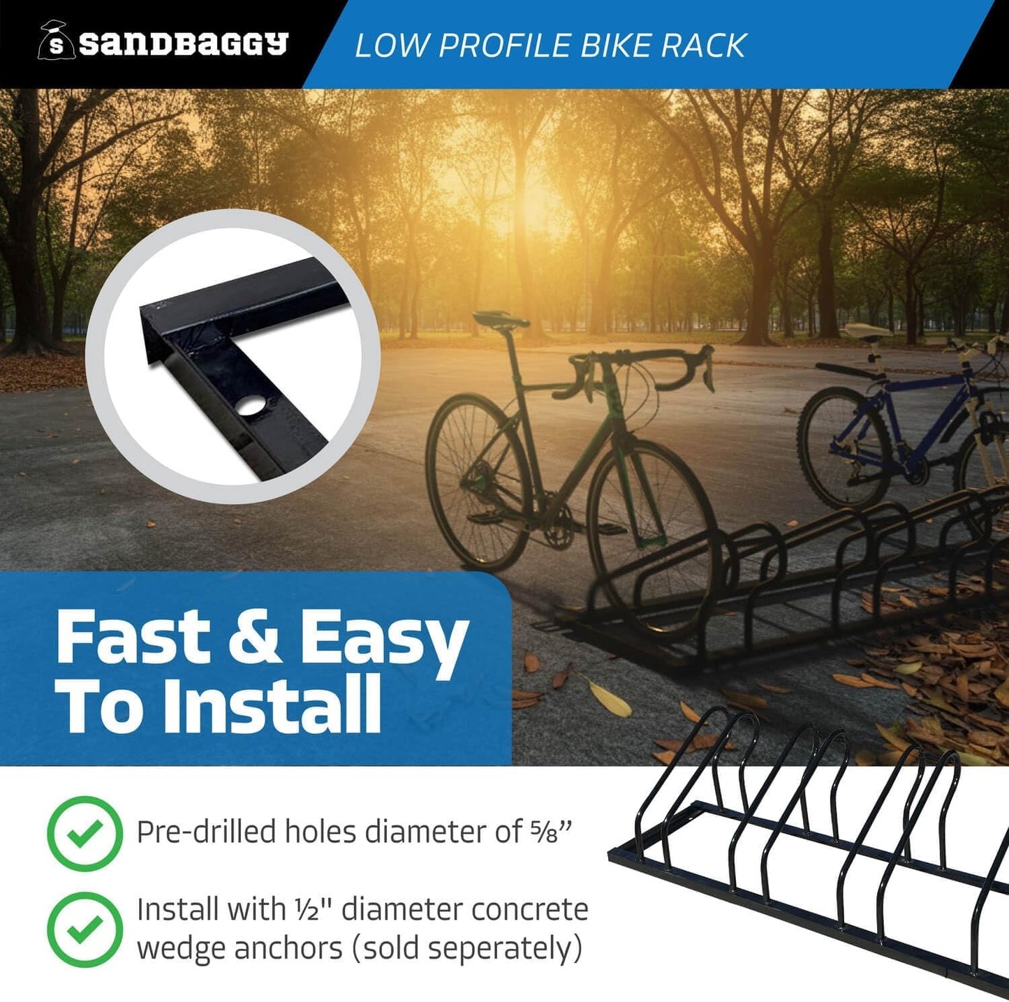 Sandbaggy Commercial Low Profile Bike Rack - Outdoor, Surface Mount, Steel - 4 Bike (4 Capacity (Low-Profile), 10)
