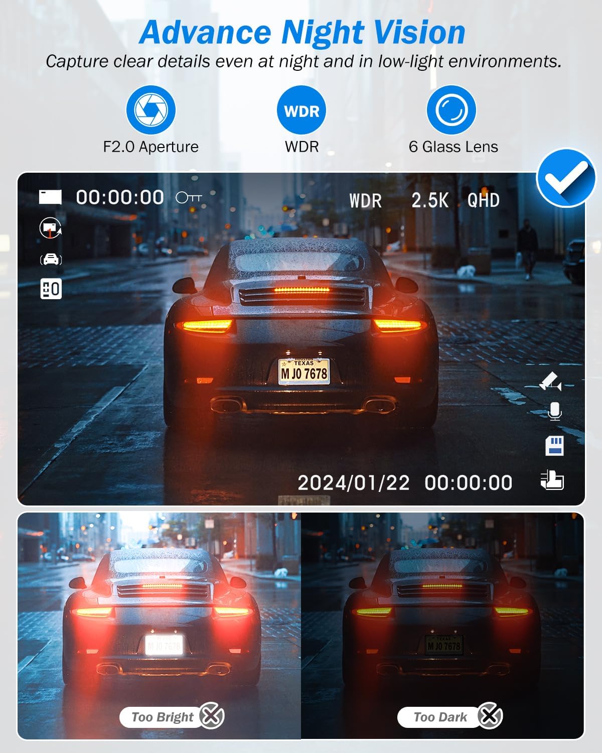 Dash Cam Front and Rear 2.5K/1440P, 3 Channel Dash Camera for Cars Dash Cam Front Rear and Inside with 32GB Card, 3.16" IPS Screen, G-Sensor, Loop Recording, Night Vision, Parking Mode