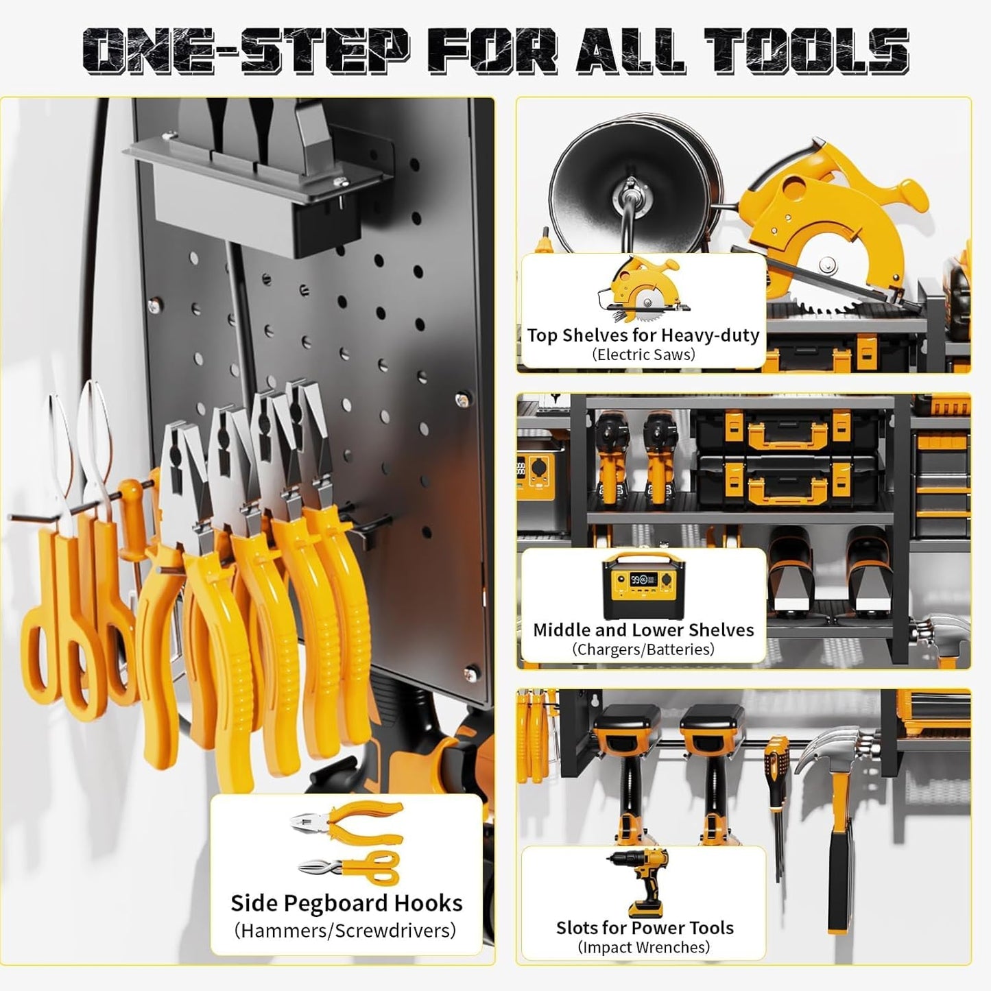 Power Tool Organizer with Charging Station Wall Mount, 3 Layer Expanded Heavy Duty Garage Organization, 48.8 Inch Length Garage Tool Storage, 4 Drill Slot, 16" Standard Hole, Black