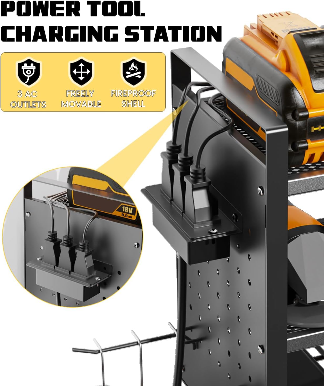 Heavy-Duty 48" Wall Mount Power Tool Organizer with Charging Station – 3-Tier Garage Organization Rack for Drills, Wrenches & Tools – Includes 16 Hooks & Pegboard Sides