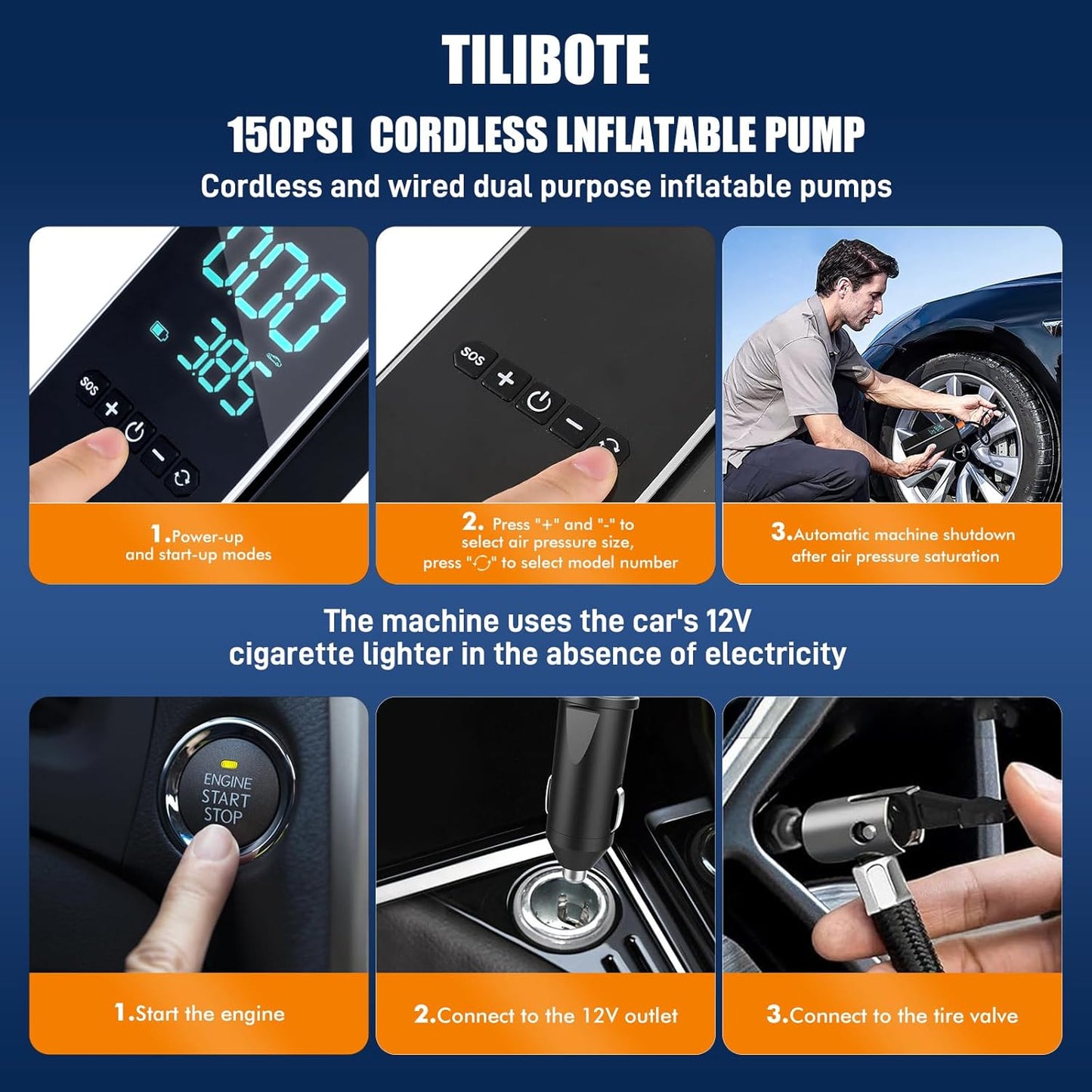 Tire Repair Kit,50PCS Tire Inflator Portable Air Compressor with 24000mwh Cordless Air Pump (150 PSI) for MPVs, Cars, E-Bikes and Motorcycles