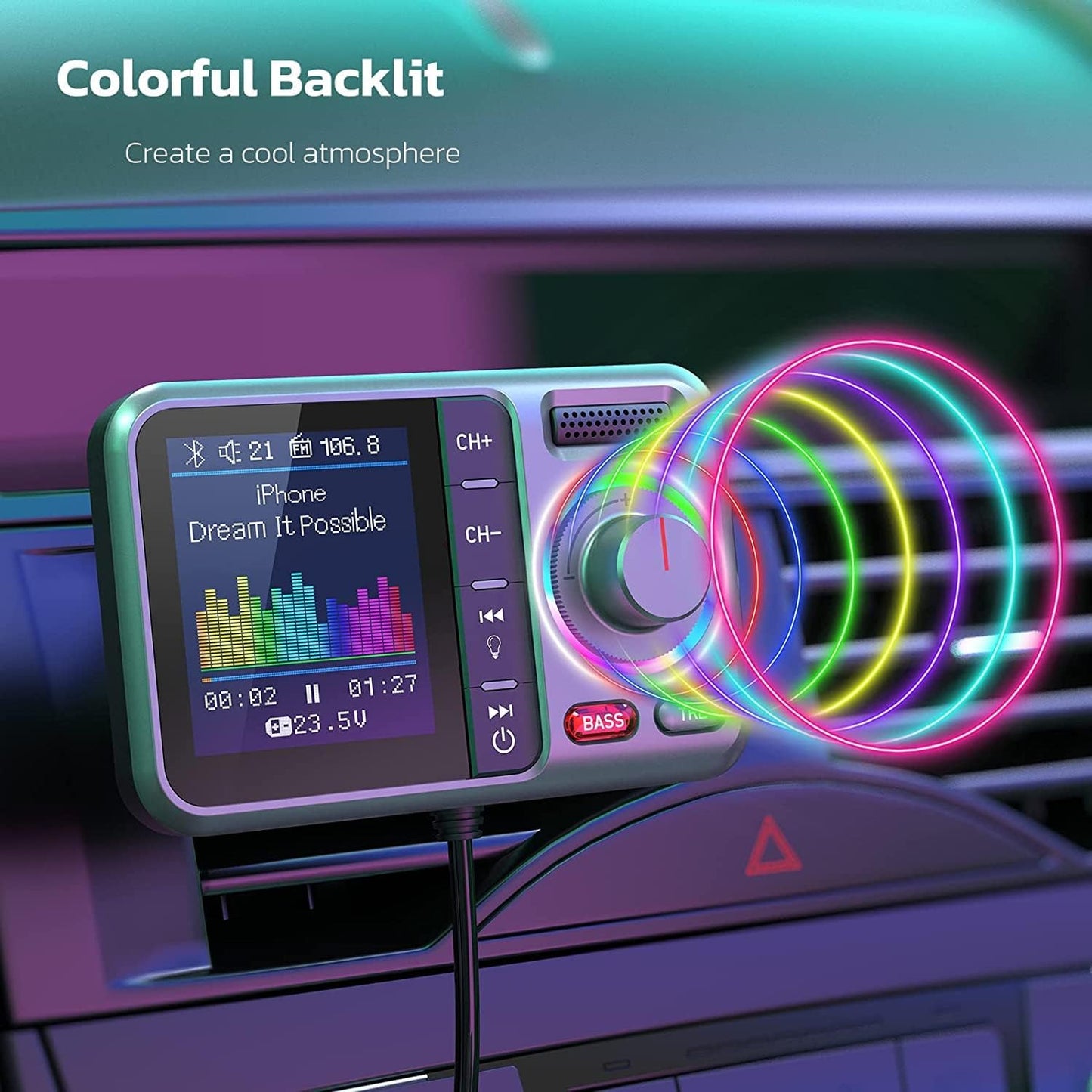 Nulaxy Bluetooth FM Transmitter for Car, Wireless Car Bluetooth Adapter with Big Color Screen, Support QC3.0 Fast Charging, Hands-Free Call, MP3 Music Player BASS&TRE Booster, TF Card AUX-KM28 Grey