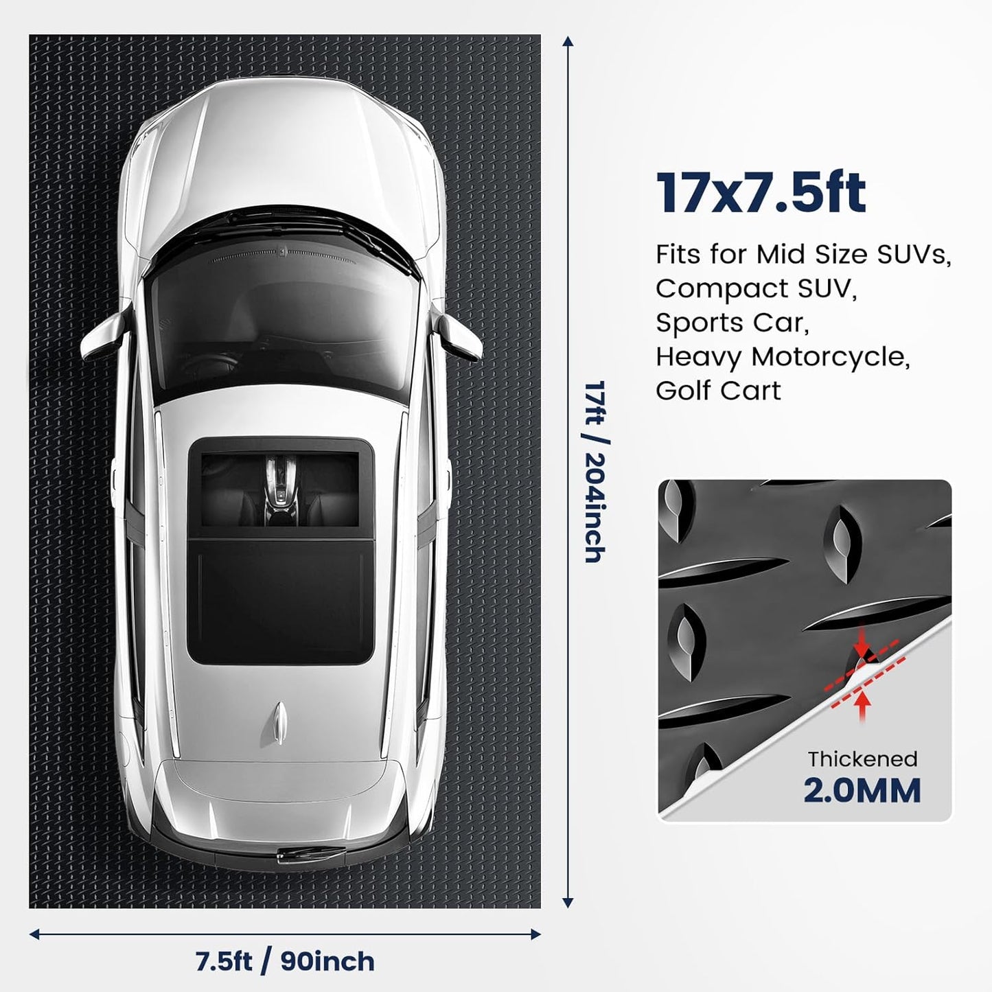 7.5 x 17 FT Garage Floor Mat, Thickened PVC Parking Mat, Anti-Slip Garage Floor Runner & Protector Mat Fits for SUVs, Compact SUV, Sports Car, Heavy Motorcycle, Golf Cart