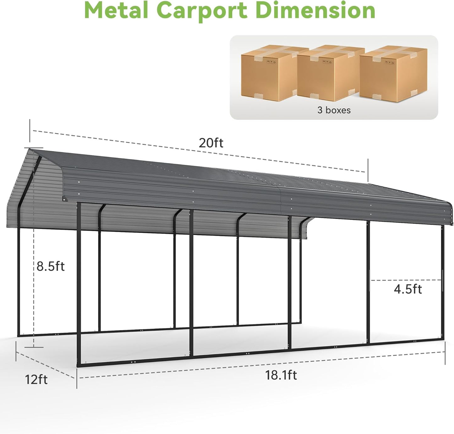 Real Relax 12x20FT Heavy Duty Metal Carport, Outdoor Carport Canopy with Galvanized Steel Roof and Reinforced Base for All-Weather, Garage Shelter Shade for Trucks, Boats, Party, Gray
