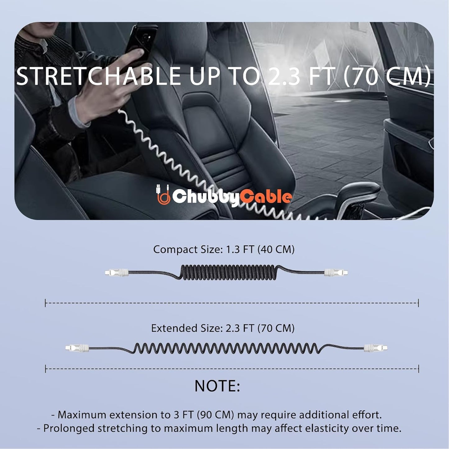 chubbycable Curly Chubby - Retractable Fast Charging Cable 240W Coiled Charger Cord for Car Durable USB-C Cable for Phones, Tablets and More, Black, Type-C to Type-C, 1.3FT-2.3FT