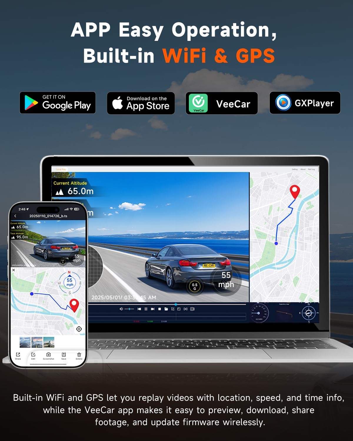 4K Dash Cam Front and Inside, 360 Camera for Car 2-Channel Dashcam 160°+185° Ultra Wide Angle, 4K/2.5K WDR, IR Night Vision, WiFi & APP Control, GPS, G-Sensor, 64GB Card, GT820 Black
