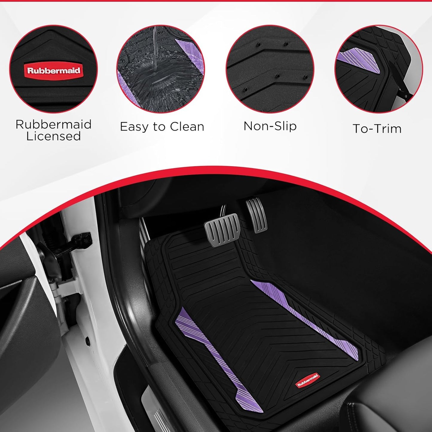 Rubbermaid Car Floor Mat, Heavy Duty All-Weather Car Mats Full Set with Dual-Tone Purple Aluminum Inserts – Universal Fit, Anti-Slip Backing, Trim-to-Fit for Most SUV, Sedan, Van
