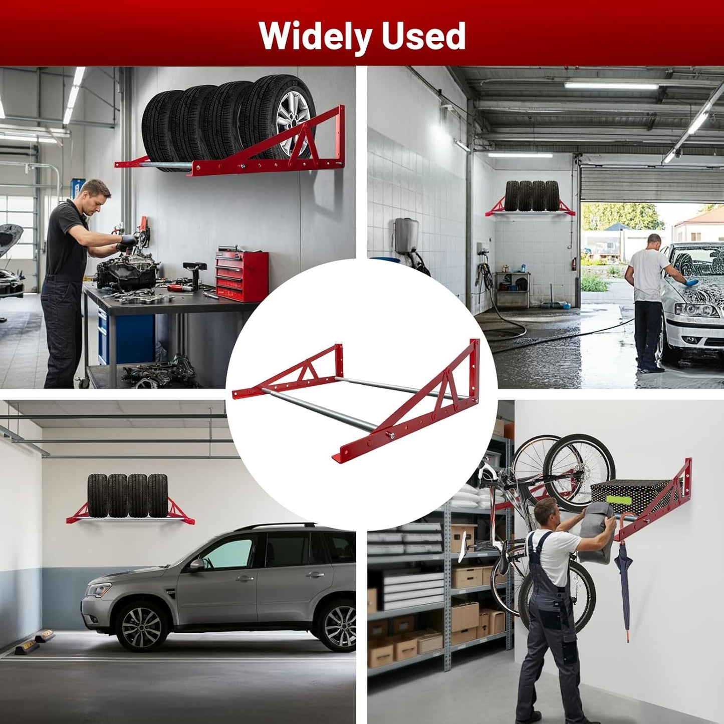 ROBLOCK Adjustable Tire Rack Wall Mount for Garage, Wheel Spare Tire Carriers with Heavy Duty Steel, Adjustable Length(31"-56"), Red
