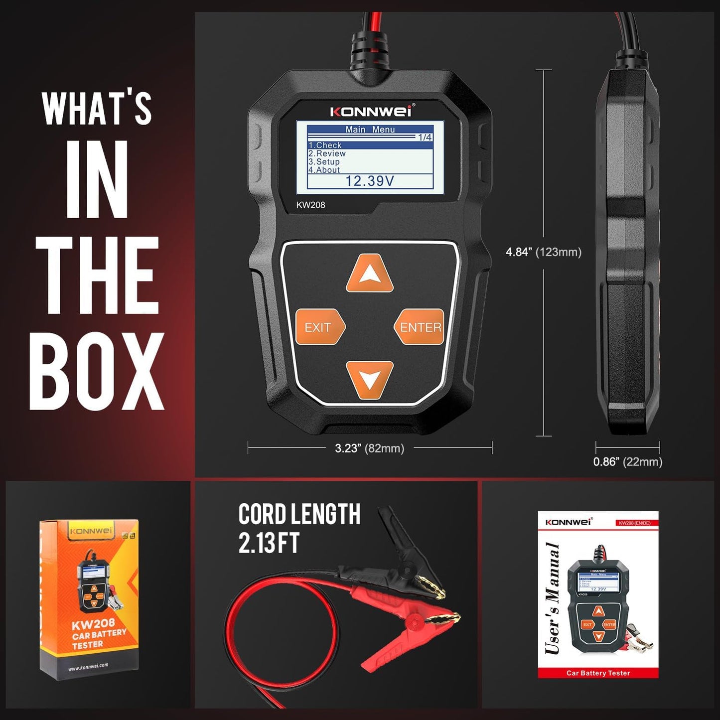 KONNWEI KW208 12V Car Battery Tester, 100-2000 CCA Load Tester Automotive Alternator Tester Digital Auto Battery Analyzer Charging Cranking System Tester for Truck Marine Motorcycle SUV Boat