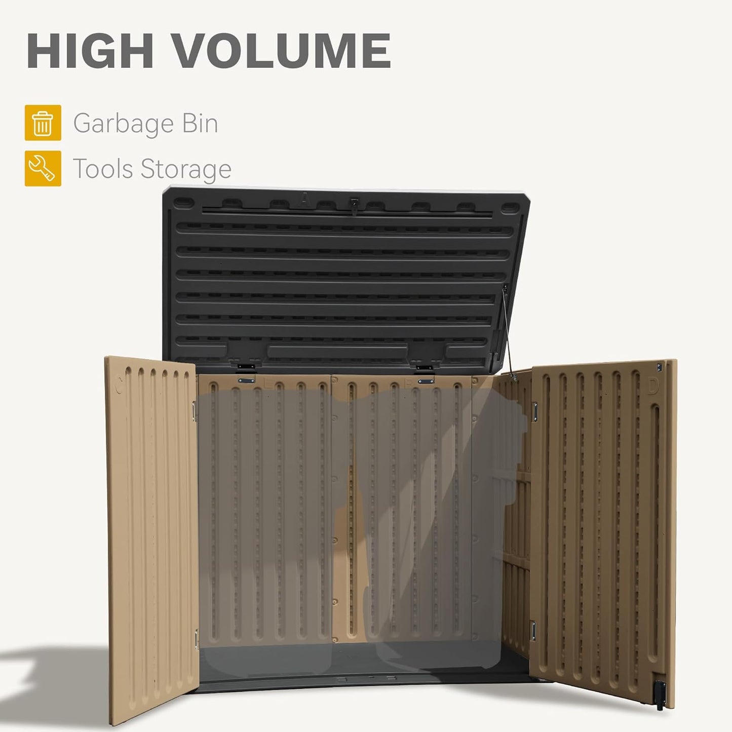 DWVO 35 Cuft Outdoor Horizontal Storage, Waterproof Resin Storage Shed with Floor and Multiple Accesses for Garden Tools, Easy Assembly, Brown (No Shelf Included)