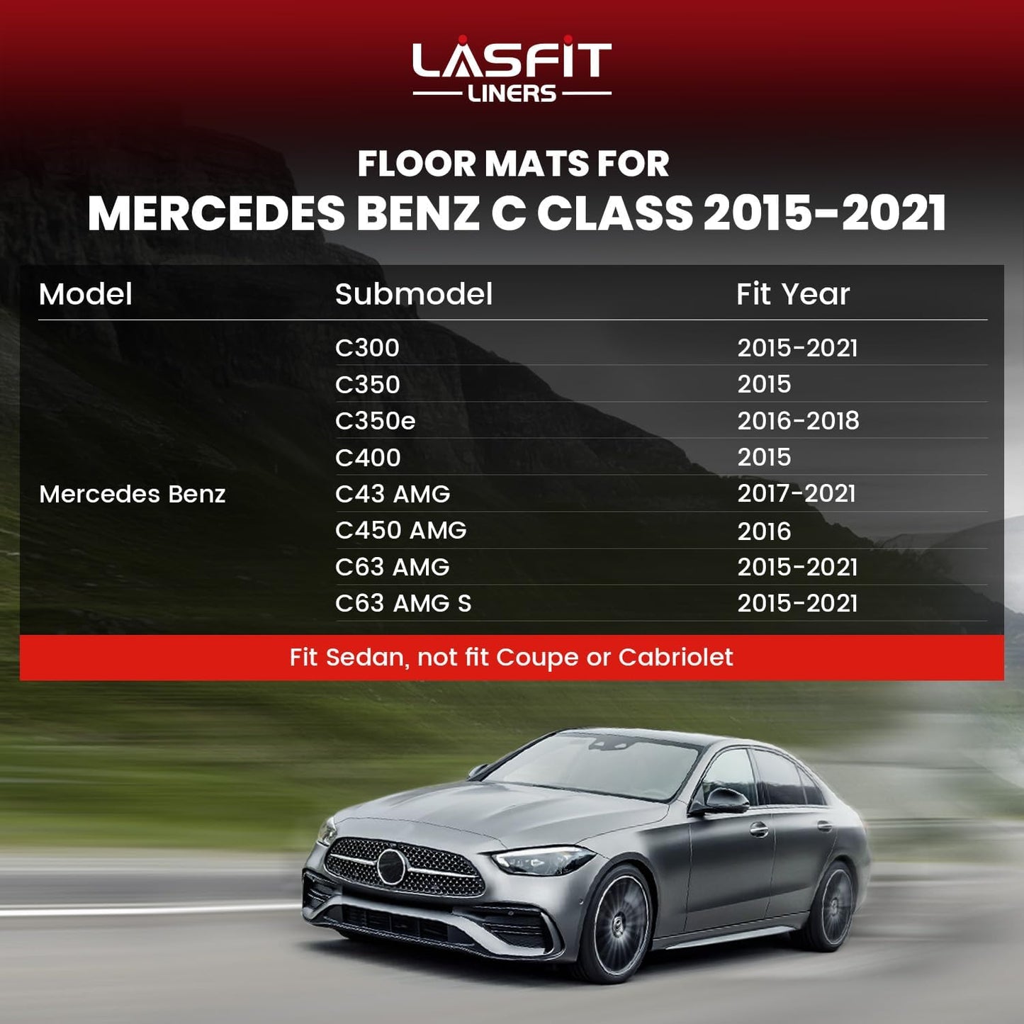 LASFIT Floor Mats for Mercedes Benz C Class 2021 2020 2015-2019 C300 / C350 / C400 / C350e / C43 AMG / C63 AMG / C63 AMG S (Fit Sedan Only), All Weather TPE Floor Liners for C Class 1st & 2nd row Mats