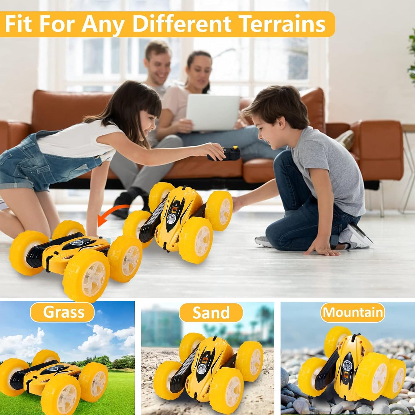 FREE TO FLY Remote Control Car for Boys 6-12: Kids Rc Stunt Car 2.4GHz Fast Race Car with Lights 4WD 360°Rotating RC Cars Toy Gifts Presents for Boys Girls Age 6 7 8 9 10 11 Year Old Yellow