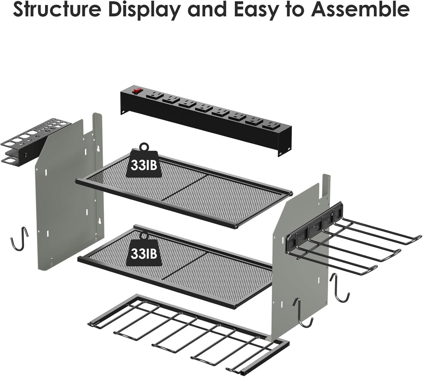 CCCEI Modular Power Tool Organizer Wall Mount Charging Station, Grey 6 Drills Holder with 8 Plug Power Strip 10FT, Garage Drill Battery Heavy Duty Metal Shelf, Utility Rack with Hooks, Side Storage.