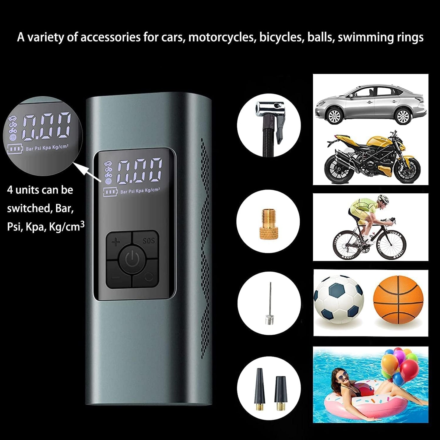 Tire Inflator Portable Air Compressor: Cordless Air Pump for Car Bike Motorcycle