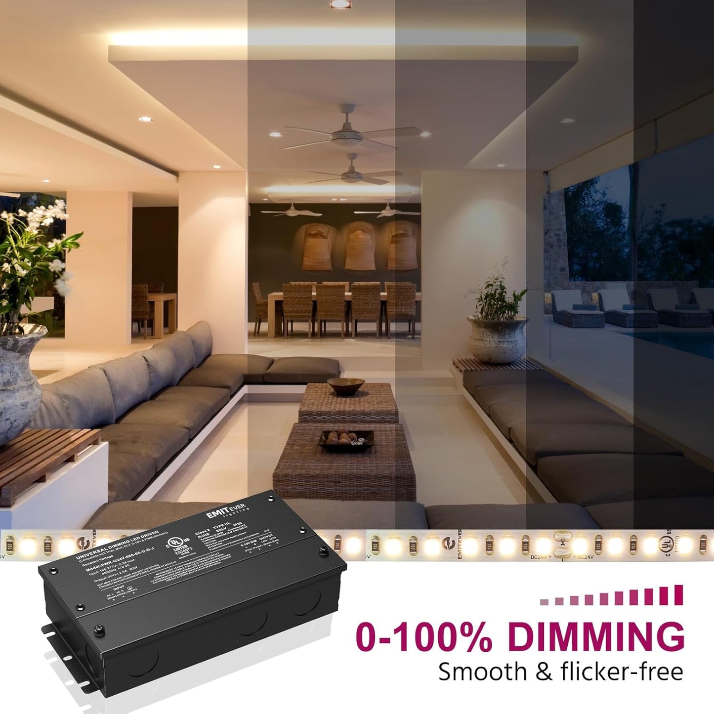 EMITEVER Dimmable Led Driver, 2 Packs 60W AC 110V-277V to DC 24V Transformer, 5-in-1 Dimming: ELV/MLV/TRIAC / 0-10V / 1-10V / 10V PWM/Potentiometer, Waterproof IP67 and UL Listed,Class 2
