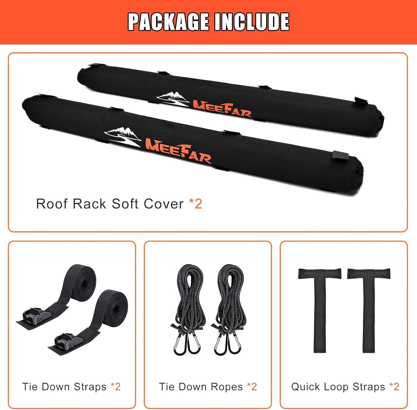 Universal Car Soft Roof Rack Pads Luggage Carrier System for Kayak Surfboard SUP Canoe Include 2 Heavy Duty Tie Down Straps, 2 Tie Down Rope, 2 Quick Loop Strap (Use with Crossbar)
