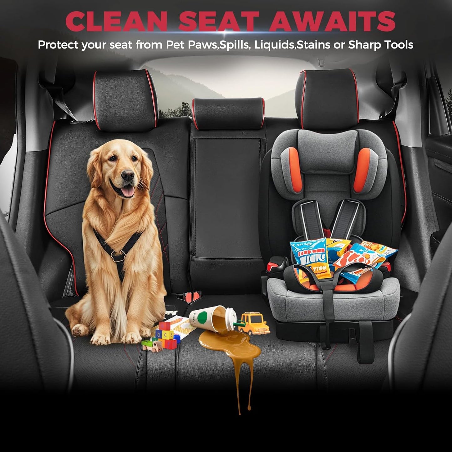 FREESOO CRV Seat Covers Full Set, for Honda CRV LX EX EX-L Sport Touring Hybrid 2017 2018 2019 2020 2021 2022, Custom Fit Seat Covers for CRV, Waterproof Leather Car Seat Covers, Black & Red