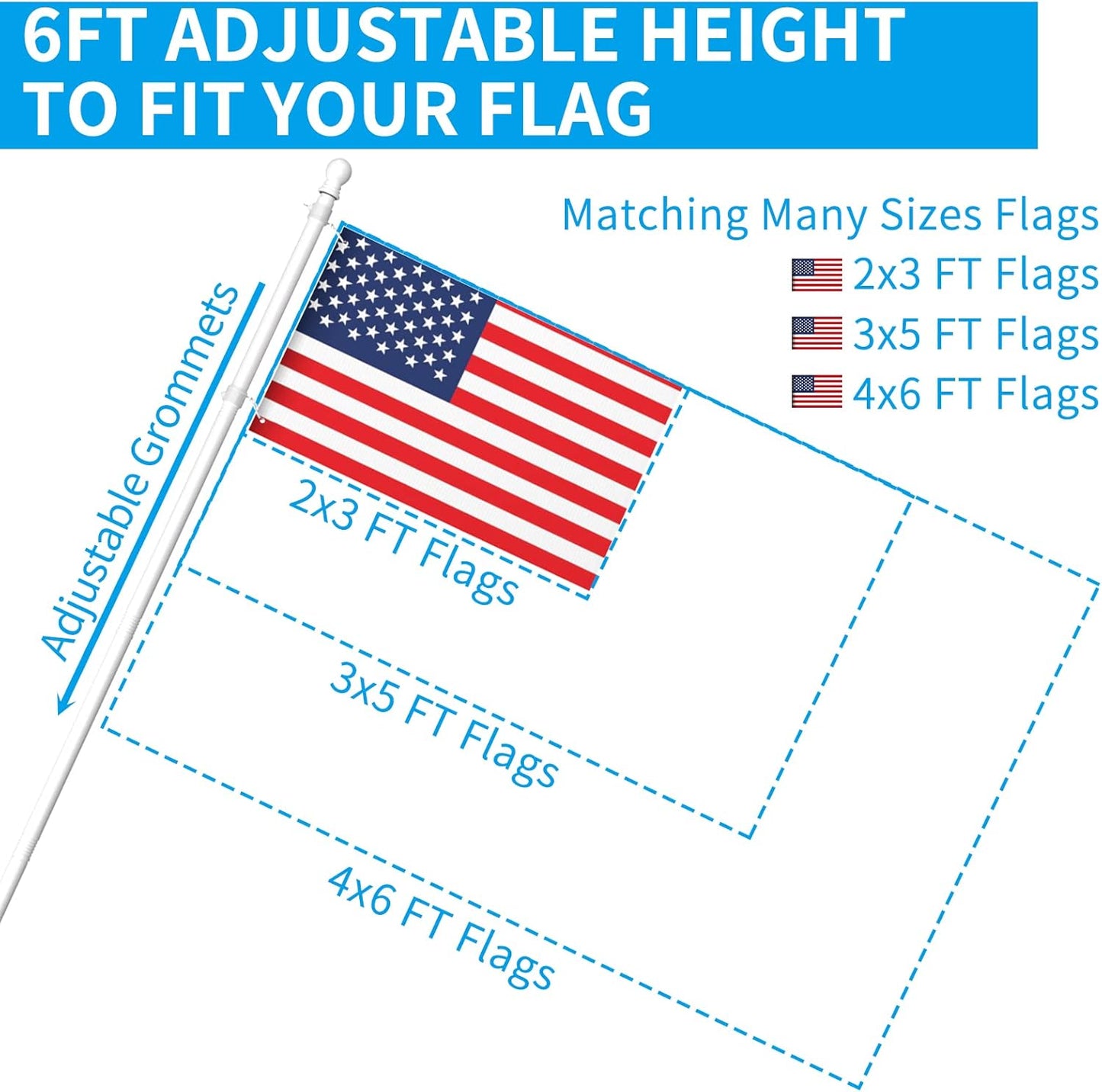 ZMTECH Flag Pole - Upgraded Bracket, (2 Packs) 6 FT Stainless Steel Flag Poles for Outside House, Residential or Commerical, Tangle Free Flag Pole Kit for American Flag (Without Flag, White)